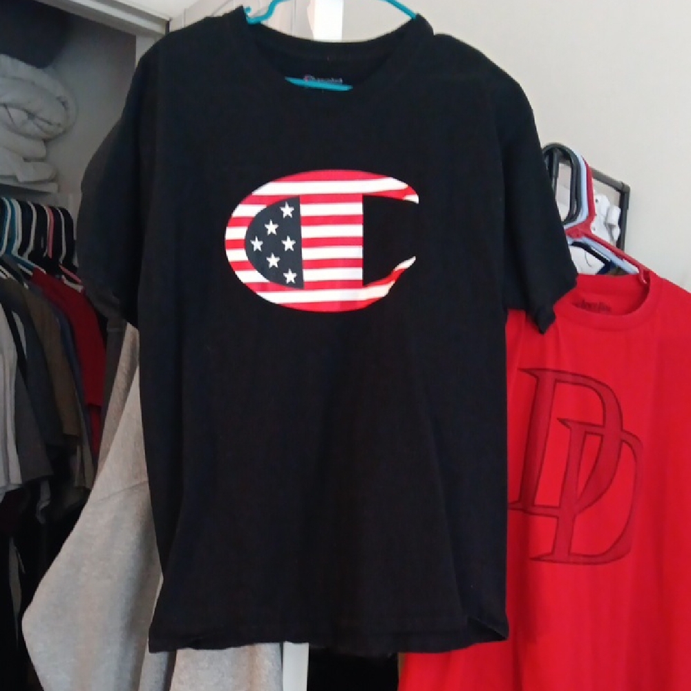 DONATED-Champion Black Short Sleeve Tee with Patriotic Logo